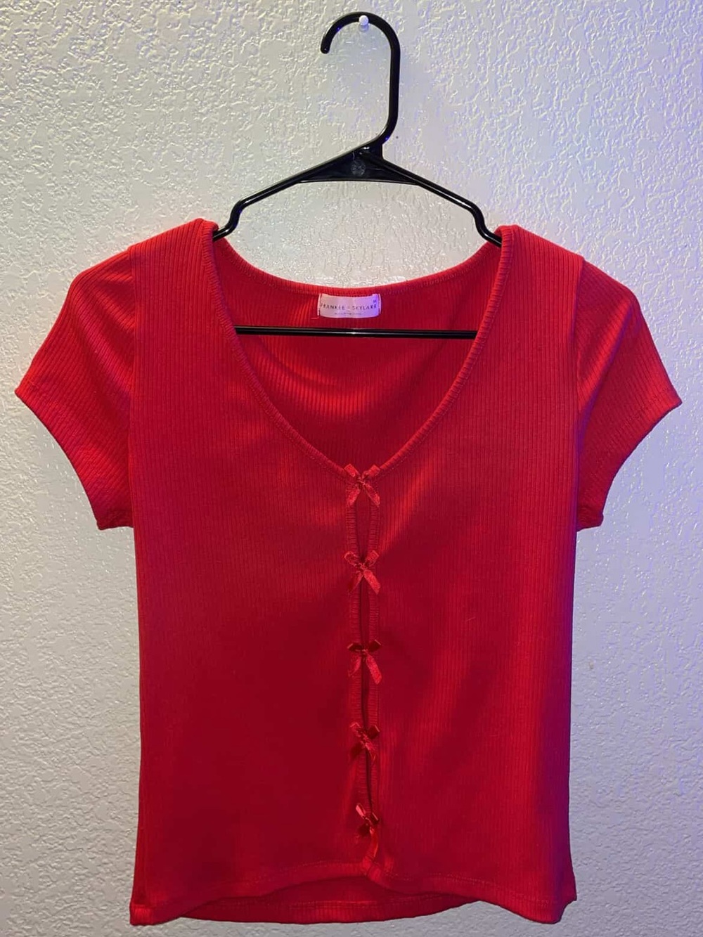Red Ribbed V-Neck Bow-Front Top - Frankee & Skylarr